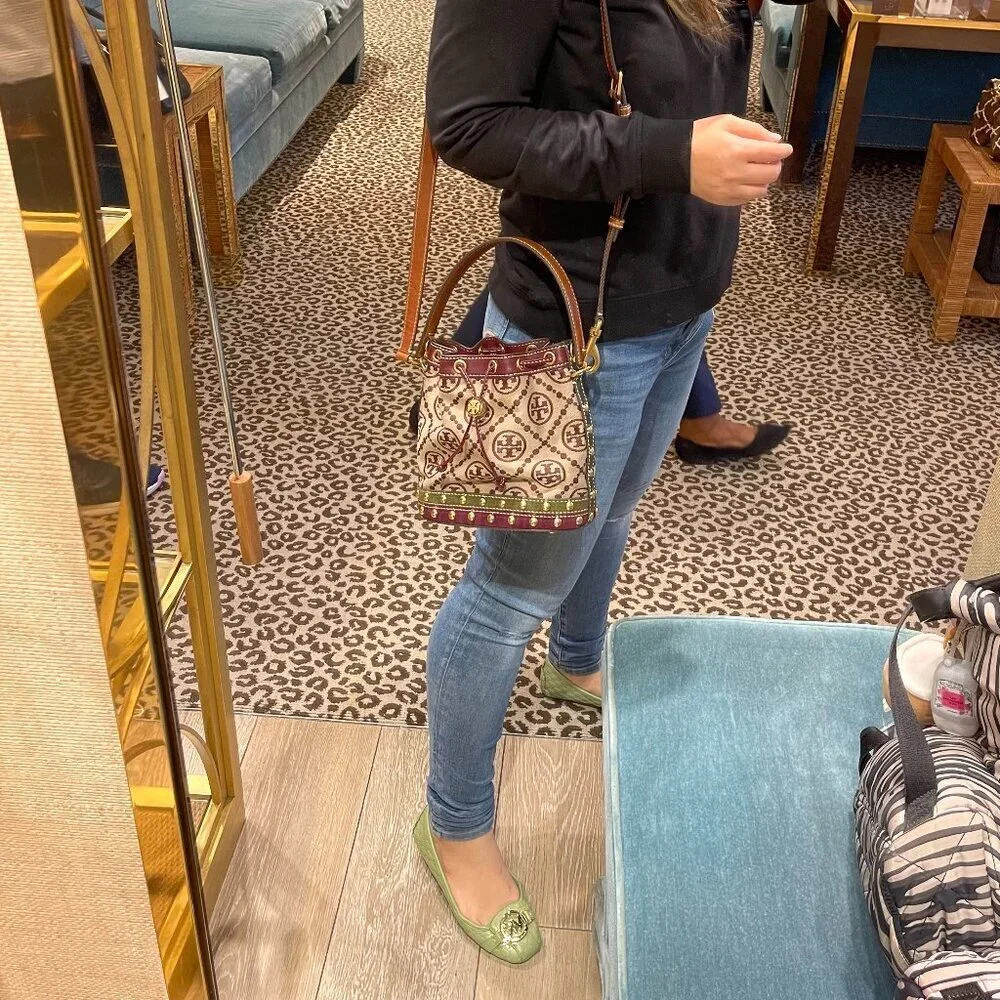 NWT! NEW Tory Burch T Monogram Jacquard Studded Mini Bucket Bag -multi leather
